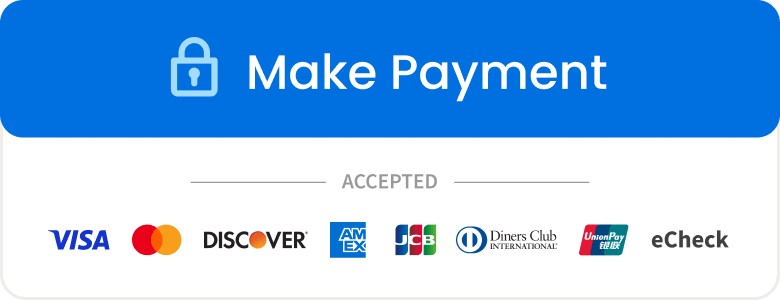 Make Payment — Visa, Mastercard, Discover, American Express, JCB, Diners Club, UnionPay, and eCheck accepted